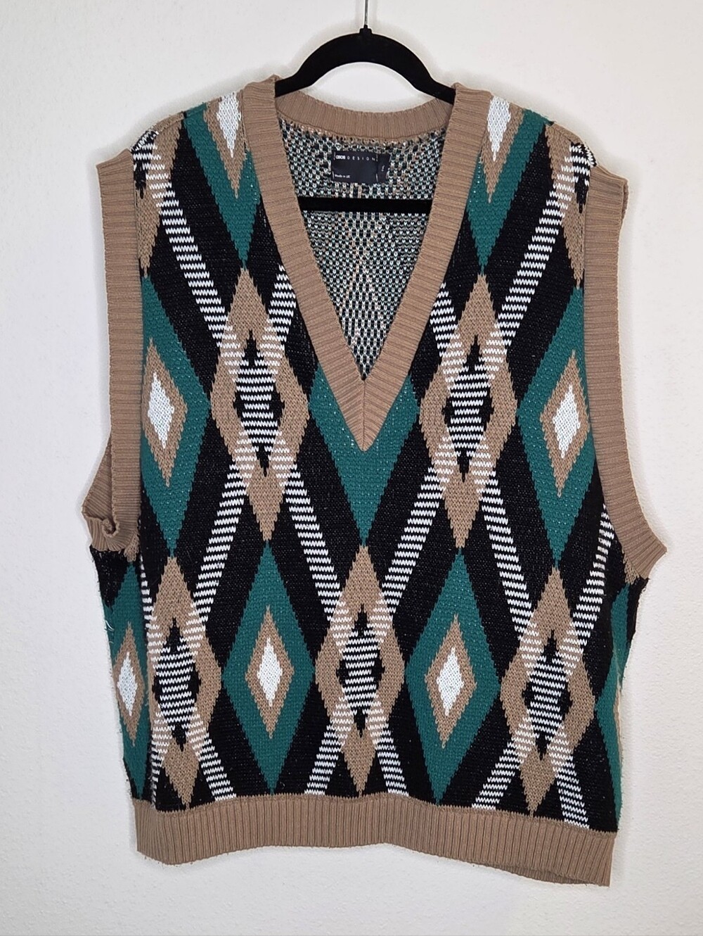 ASOS Green Black Tan Argyle Knit Sweater Vest - 2XL